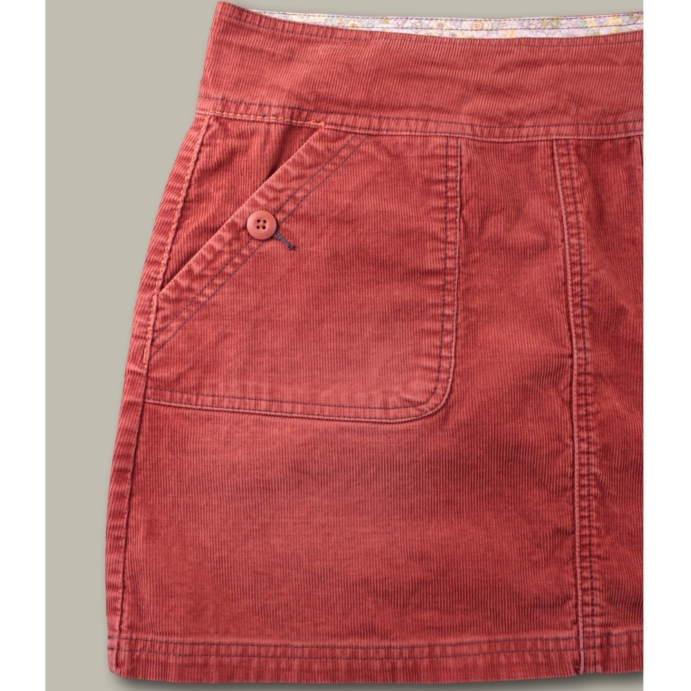 Vtg 00s prAna Corduroy Mini Skirt Burnt Orange Floral Waist Patch Pocket 6 Gorp - Picture 2 of 6